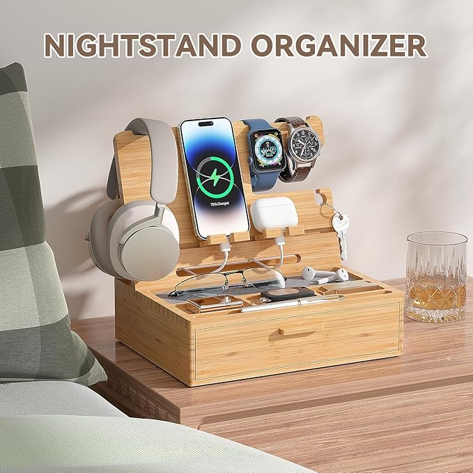 Pezin & Hulin Wooden Charging Station, Bedside Nightstand Tray, with Spacious Drawer, Felt Pads for Phones, Watch, Idea Gifts for Him Birthday, Son, Christmas for Papa Fathers Day (Nature)