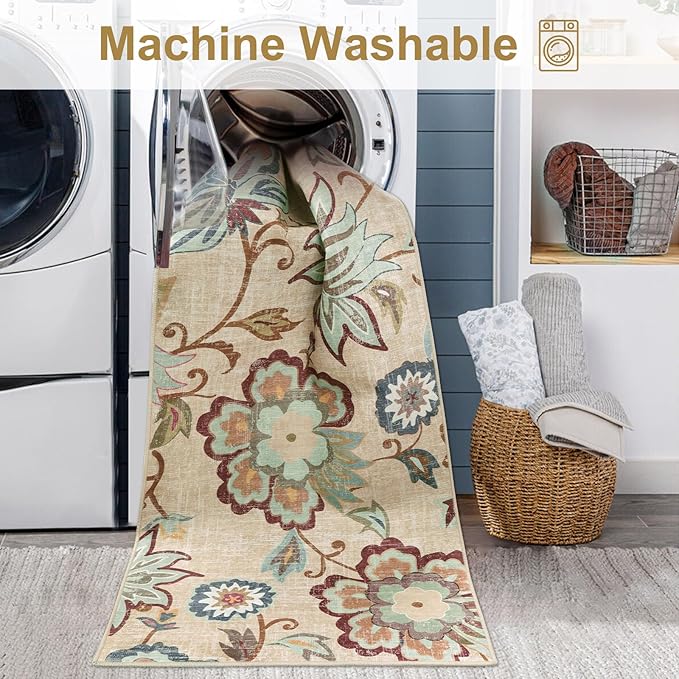 Beeiva Floral Rug Runners for Hallways, 2x5 Ultra Thin Beige Kitchen Runner Rug Washable, Vintage Plant Non-Shedding Bathroom Front Door Rug Non-Slip Hallway Runner Rug for Entryway Bedroom Kitchen