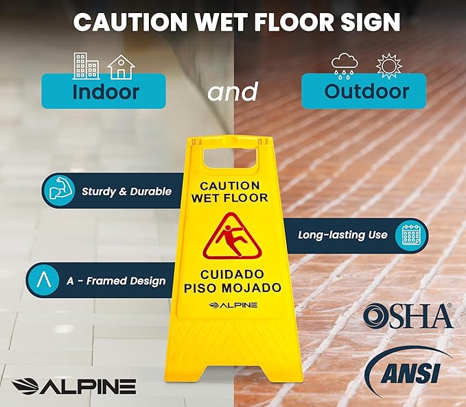 Alpine Caution Wet Floor Signs 5 Pack - 24 Inch, High Visibility Yellow Slippery When Wet Sign - Bilingual Safety Warning Sign to Easily Avoid Slippery Accidents in High Traffic Areas