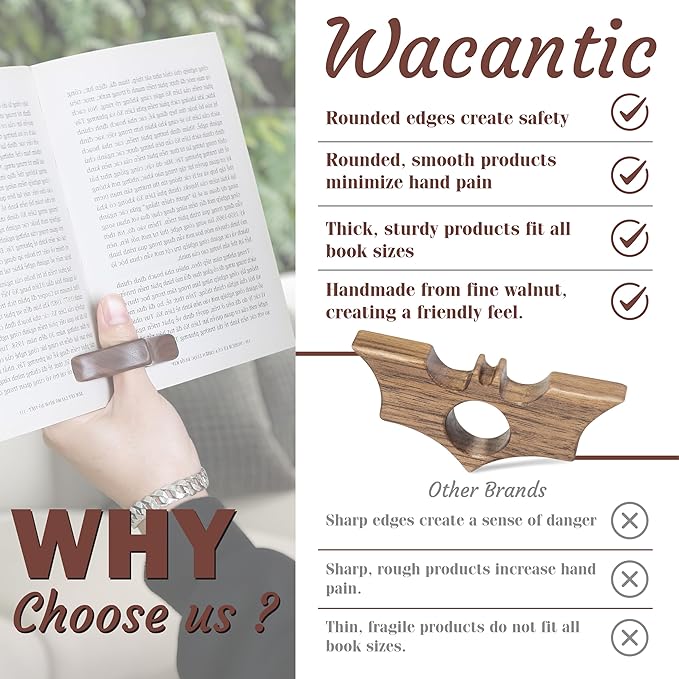Bat Thumb Book Page Holder, Smooth Finish Walnut Wood Book Holder for Reading, Ideal Book Reader Gifts & Reading Accessories,Book Worm Gifts for Women, Thumb Book Page Holder - Book Lover Gifts