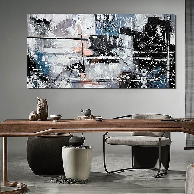 THRLVEART Abstract Painting Wall Art For Living Room Black And White Wall Decor For Office Huge Canvas Wall Art For Bedroom Size 36 x 72 Inch