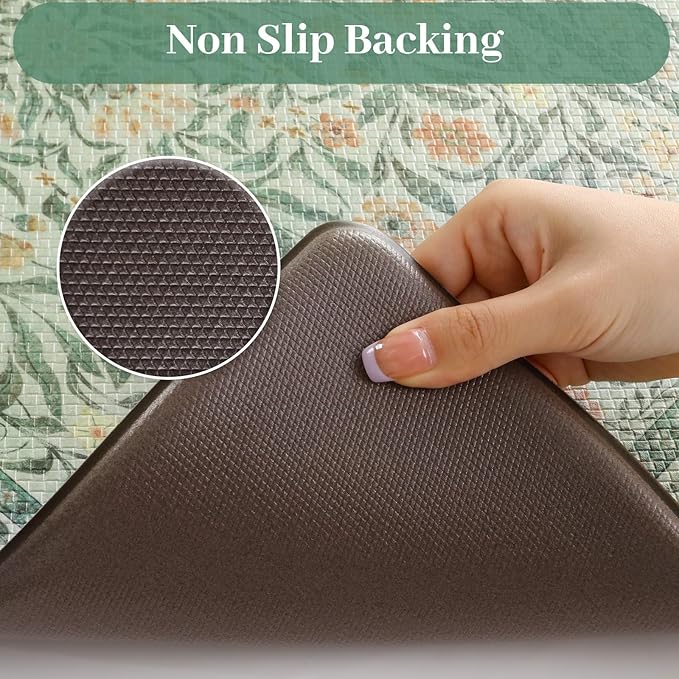 KIMODE Anti Fatigue Kitchen Mats for Floor 2 Piece, Boho Floral Kitchen Rugs Non Slip, Memory Foam Kitchen Floor Mats, Ergonomic Standing Mats for Sink Laundry Office Desk Green 20"x47"+20"x32"