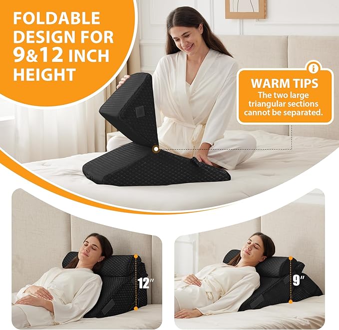 3PCS Wedge Pillow Set for After Surgery, Adjustable 9&12 Inch Bed Wedge Pillow for Sleeping, Incline Pillow Wedge for Headboard, Post Surgery, Acid Reflux, Neck&Back Support, Plush Black