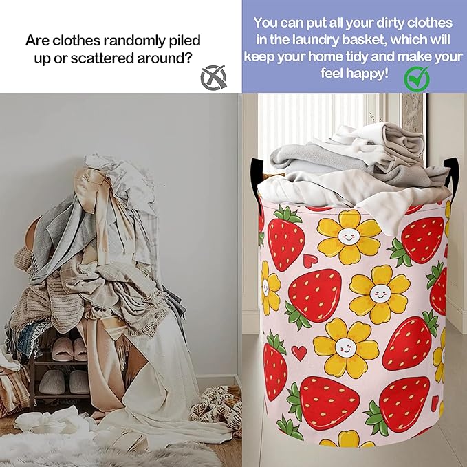 Groovy Strawberry Laundry Basket-Large Foldable Hamper Holder Portable Tall Collapsible Laundry Hamper Storage Basket Bin with Handles, Canvas & Waterproof lining for Household Items