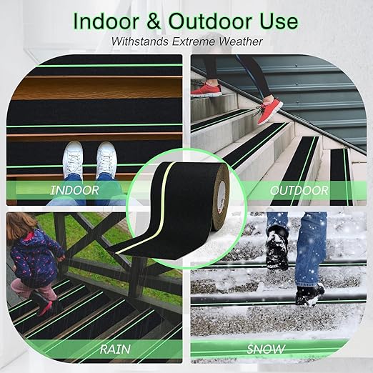 S&X Anti Slip Tape 6 Inch x 60 Ft, 2X Longer Heavy Duty Grip Tape with Glow-in-Dark Strip, Outdoor Stair Treads Non-Slip for Steps, Ramps, Boats, Decks, Non-Skid Safety, Long-Lasting