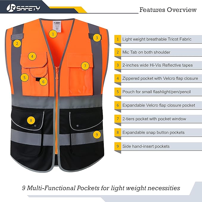 JKSafety 9 Pockets Class 2 High Visible Reflective Safety Vest Zipper Front Breathable Lining Orange-Black Meets ANSI/ISEA Standards(150-Orange-Black,XXL