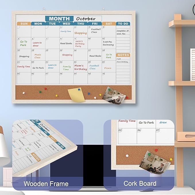 Monthly Calendar Dry Erase Board 24x18 Inch, Double-Sided Whiteboard and Corkboard Combo with White MDF Frame (Color Calendar), Wall Mounted Planner with Marker, Magnet, Push Pin, Eraser
