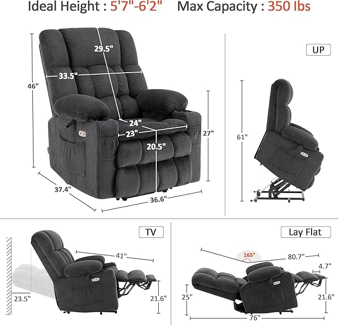 MCombo Dual Motor Large Power Lift Recliner Chair for Elderly, Lay Flat Lift Chair with Heat and Massage, Big Lift Recliner for Tall People, Cup Holders, Fabric 7896 (Large, Dark Gray)