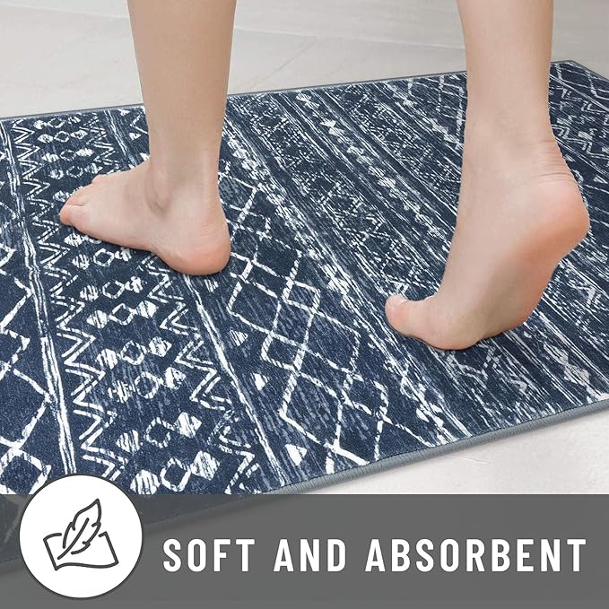 KUTA Moroccan Washable Hallway Runner Rug, 2x6 Non-Slip Vintage Navy Blue Boho Rugs Kitchen Runners Ultra Soft Distressed Geometric Floor Carpet for Bedroom Laundry Living Room