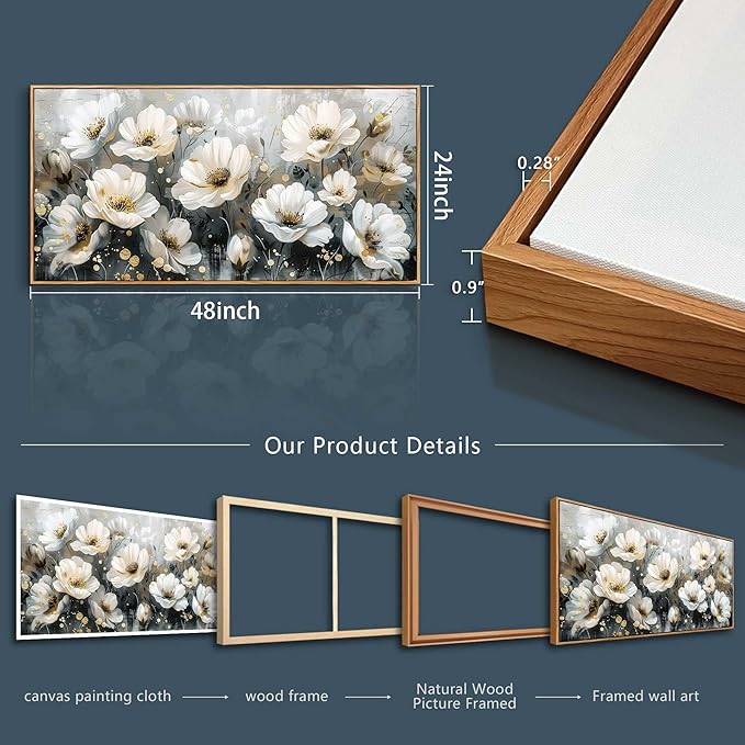 PHAOHUAXM Large Canvas Wall Decor For Living Room Wall Art For Bedroom Office Wall Decorations Print White Ink-Wash Flower-Shaped Wooden Frame Artwork Stretched and Frame Posters Home Decor 24"X48"
