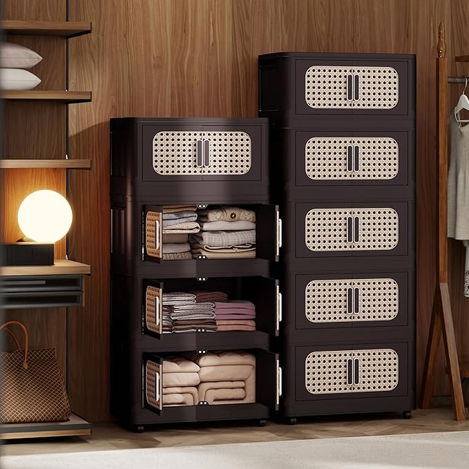 4 Tiers Folding Storage Cabinet,20" Side Wide Stackable Storage Bins with Doors and Wheels, Space Saving Plastic Cabinet for Living Room, Office, Dorm, Retro Brown