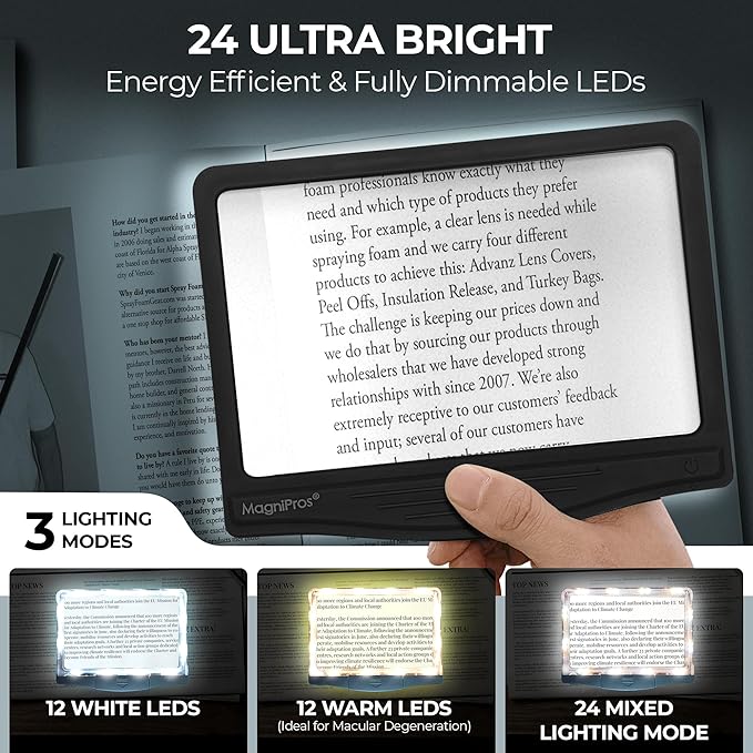 MagniPros 5X Rechargeable Large Ultra Bright LED Page Magnifier with Anti-Glare Lens & 3 Color Dimmable Light Modes, Relieve Eye Strain- Ideal for Reading Small Prints, Low Vision, Seniors