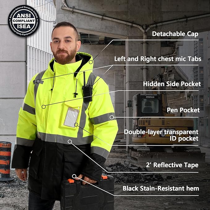 Reflective Jacket, High Visibility Parka, Waterproof Hi Vis, Safety Jacket with Removable Hood and Zipper, ANSI Class 3 (Lime,XL)