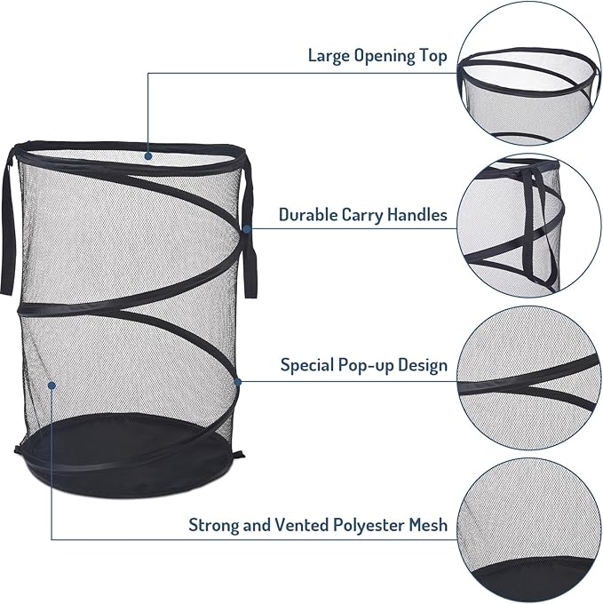 2Pcs Mesh Popup Laundry Hamper 115L Extra Large Collapsible Laundry Basket Foldable Clothing Storage Basket with Handles No Lid 26 H x 18 W x 18 L (Black)