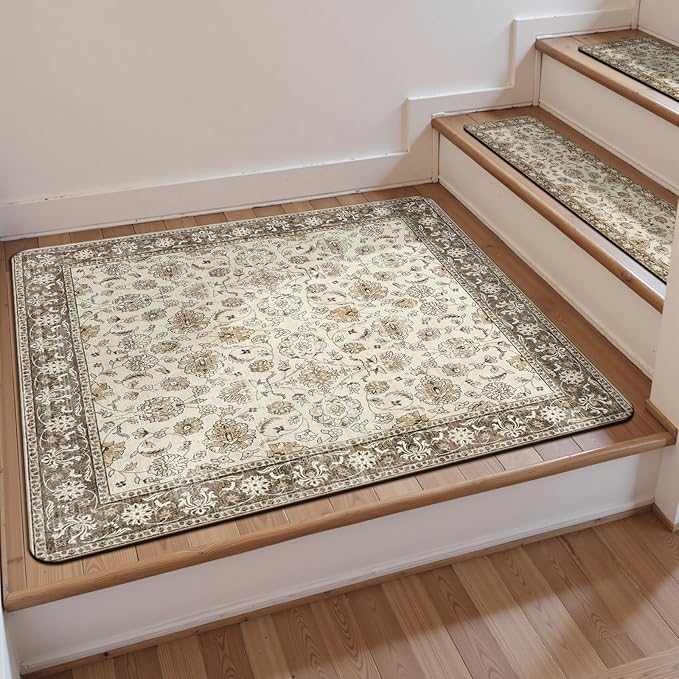 OJIA Stair Treads Non-Slip Matching Mat for Wooden Steps, Square Capet Stair Treads Rubber Backing Stair Runner Anti-Slip Stair Landing Mat 31x31 Inch Stair Rugs Carpet for Stairs