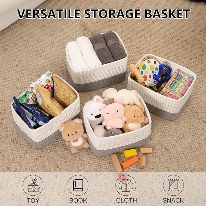 4 Pack Storage Baskets for Organizing, 13"X9"X7.87", Decorative Cotton Rope Baskets with Wave-Patterned Embroidery for Shelves, Small Woven Basket for Toys, Books and Towels, Grey & White