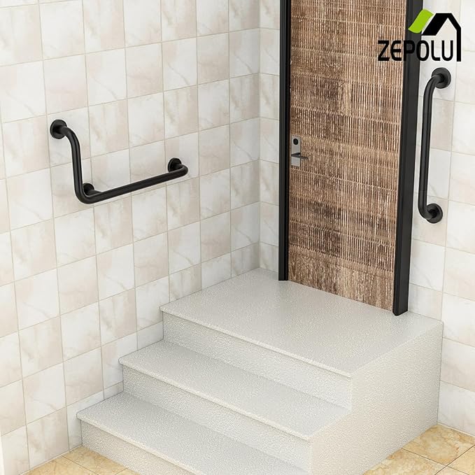 Black L-Shaped Grab Bar 12x24 Inch + Knurled Shower Grab Rail 20 Inch, Zepolu Stainless Steel Toilet Safety Bar 90 Degree, Angled Balance Support Assist Bar for Elderly, Bathroom Mobility Aid Handrail