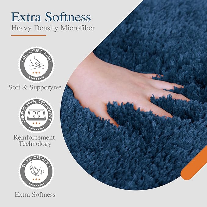 Walensee Bath Mat, Navy, 20 x 32, Non Slip, High Pile, Microfiber, Shag Rug, Machine Washable, Water Absorbent, Soft, Thick Plush, Bathroom