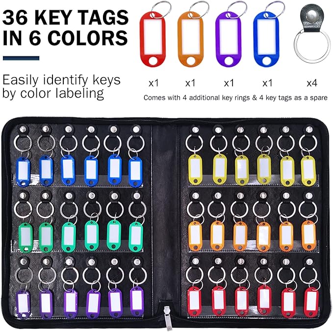 Portable Zippered Key Organizer,Leather Key Case with 36 Key Hooks and Tags Key Storage, Portable Manager,Landlord Key Binder,Zipper Key Organizers for Estate Sales,Hotel Executives,Car Rental Key Box