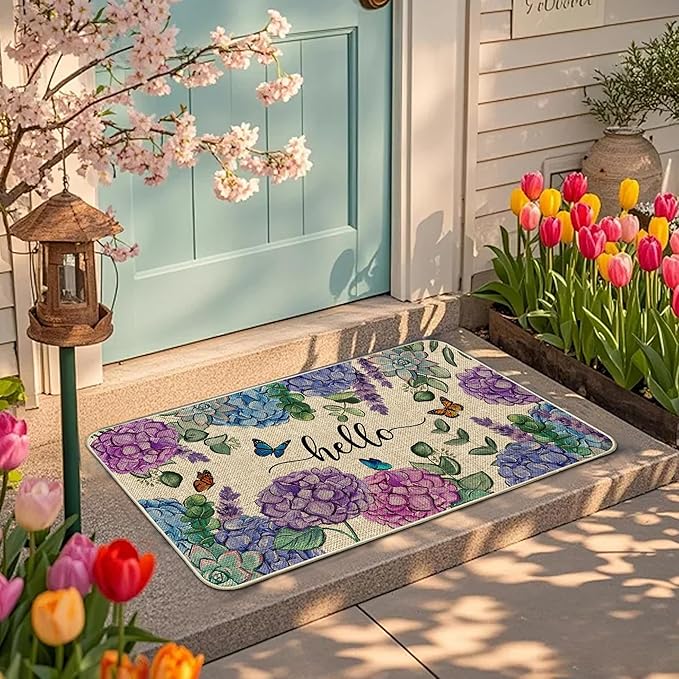 Welcome Spring Door Mat Hydrangea Flowers Doormat Indoor Outdoor Entrance Summer Decor Outdoor Rug Low-Profile Floor Rug Non Slip Spring Summer Decor Rubber Mats for Home Decoration 17x29Inch