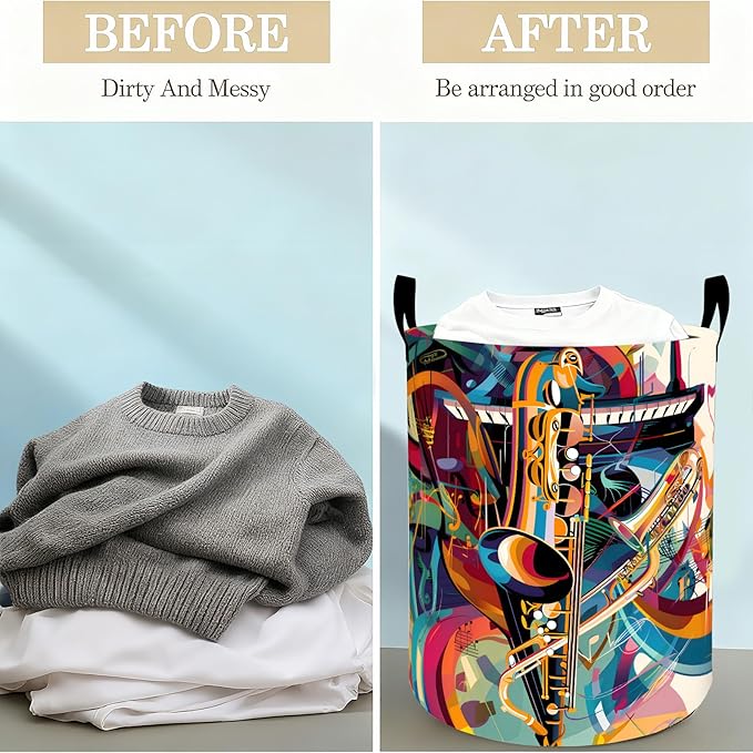 Colorful Jazz Music Laundry Basket Hamper for Boys Girls Kids Adults, Foldable Waterproof Oxford Clothes Storage Bin, Abstract Saxophone Organizer for Bedroom Bathroom Room Decor 19.7"x15.8"