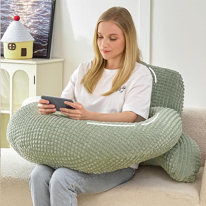 Reading Pillow for Bed,U Shaped & Back Support Pillow for Bed,17" Backrest with Lumbar & Arm Support,Comfy Flannel Fabric,Lap Pillow for Gaming/Reading/Watching TV,Green