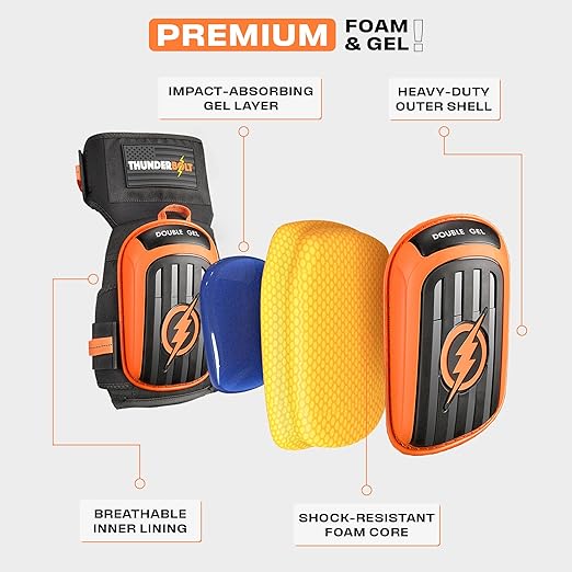 Thunderbolt Knee Pads for Men Construction Knee Pads for Work for Men and Women with Double Gel for Gardening Flooring Roofing Heavy Duty with Extra Thick Foam and Strong Adjustable Non-Slip Straps