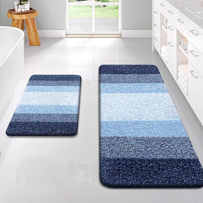OLANLY Bathroom Rug Set 2 Piece, Soft Absorbent Microfiber Bath Rug Set, Non-Slip, Machine Wash Dry, Plush Shaggy Bath Mats for Bathroom (47"x20"+24"x16", Navy)