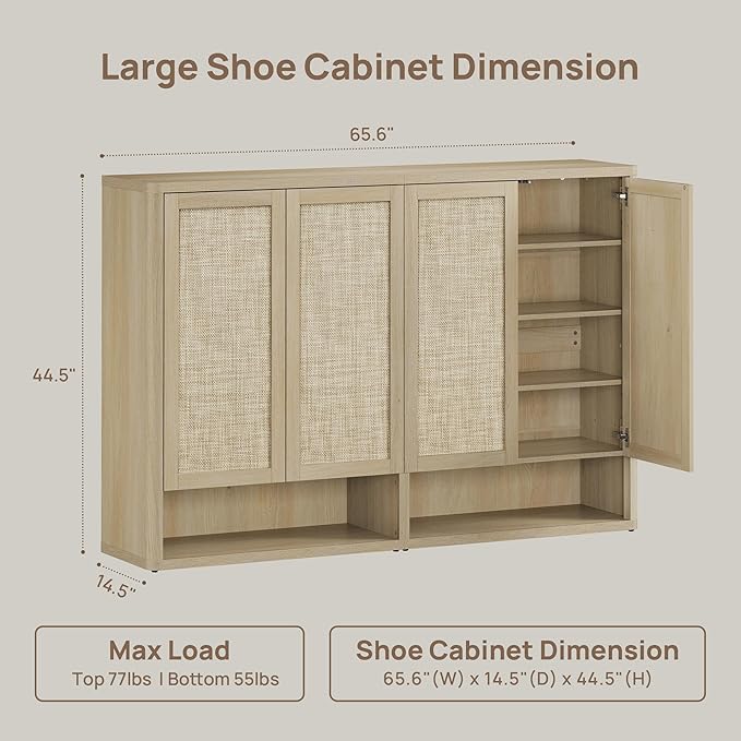 SICOTAS Rattan Shoe Storage Cabinet - Modular Shoe Cabinets with Door Tall Large Shoe Cabinet Storage for Entryway - 65.6" Wide Modular Cabinet for Hallway, Living Room