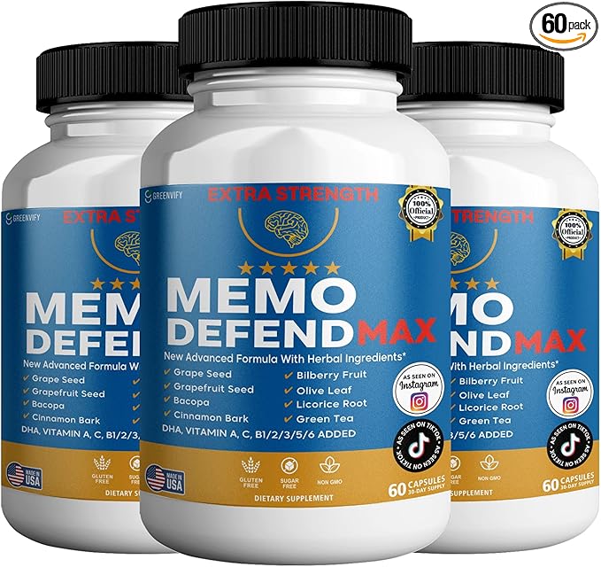 Memo Defend Max Memory Support Supplement, 60 Capsules, with Vitamins A C D E B Complex, DHA, Bacopa, Grapefruit Seed (3)