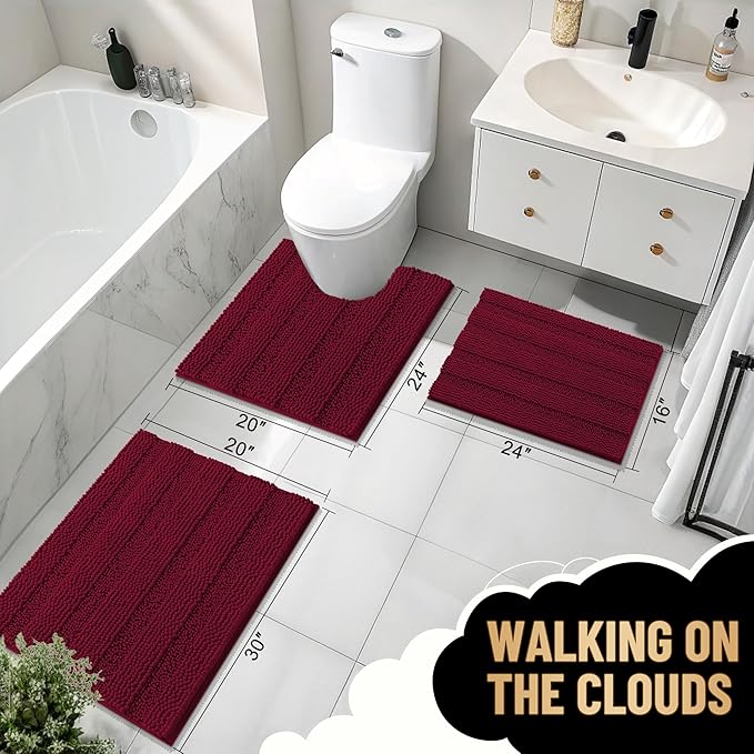 OLANLY Thick Bathroom Rugs 30x20, Extra Soft Absorbent Chenille Striped Bath Rugs, Rubber Backing, Machine Wash Dry, Bath Mats for Bathroom Floor, Tub and Shower, Home Decor Accessories, Burgundy