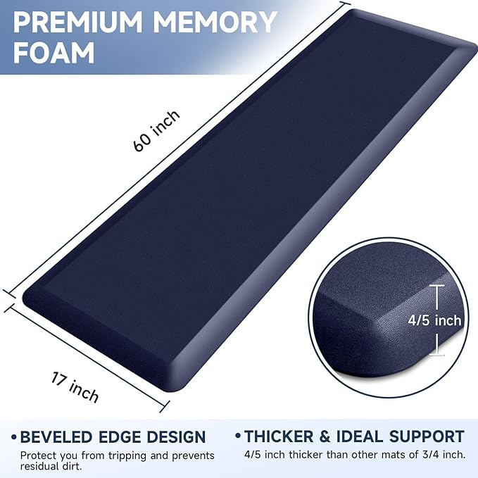4/5 Inch Thick Kitchen Mat Anti Fatigue Mat Kitchen Rugs Kitchen Decor Non-Slip, Stain & Water Resistant, Kitchen Mats Desk Mat for Kitchen, Office, Workshop, Blue, 17'' x 60''