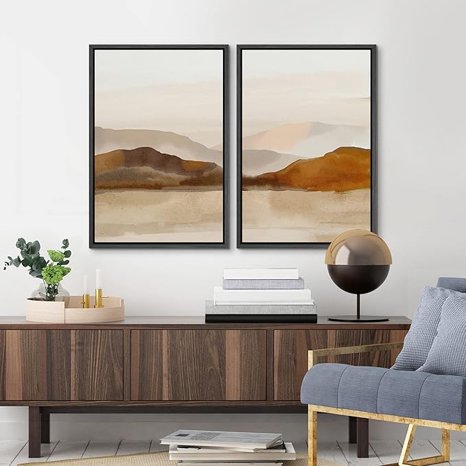 MUDECOR Framed Canvas Print Wall Art Pastel Brown Mountain Range Ocean Lake Wilderness Nature Illustrations Modern Art Decorative Calm/Relax Multicolor Rustic Minimal for Bedroom - 24"x36"x2 Black
