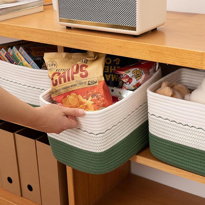 4 Pack Storage Baskets for Organizing, 13"X9"X7.87", Decorative Cotton Rope Baskets with Wave-Patterned Embroidery for Shelves, Small Woven Basket for Toys, Books and Towels, Green & White