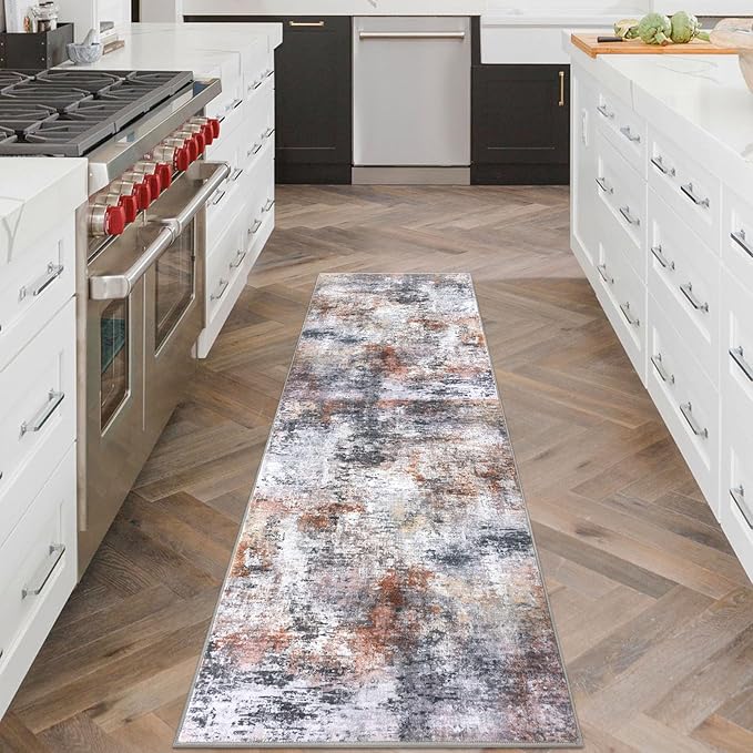 Modern Abstract Runner Rug 2x6, Grey Orange Multi Washable Kitchen Runner Non-Slip Soft Hallway Rug Runner Thin Print Faux Wool Carpet for Entryway Bedroom Laundry Room Indoor Home Decor