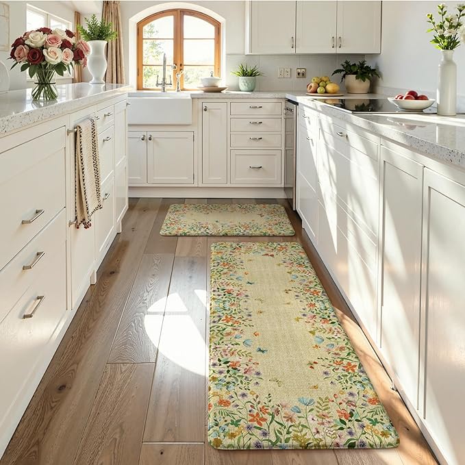 KIMODE Kitchen Mats Cushioned Anti Fatigue, Summer Farmhouse Flower Kitchen Rugs Sets of 2, Padded Kitchen Floor Mats, Non Slip Standing Mats for Sink Laundry Office Desk Brown 20"x47"+20"x32"