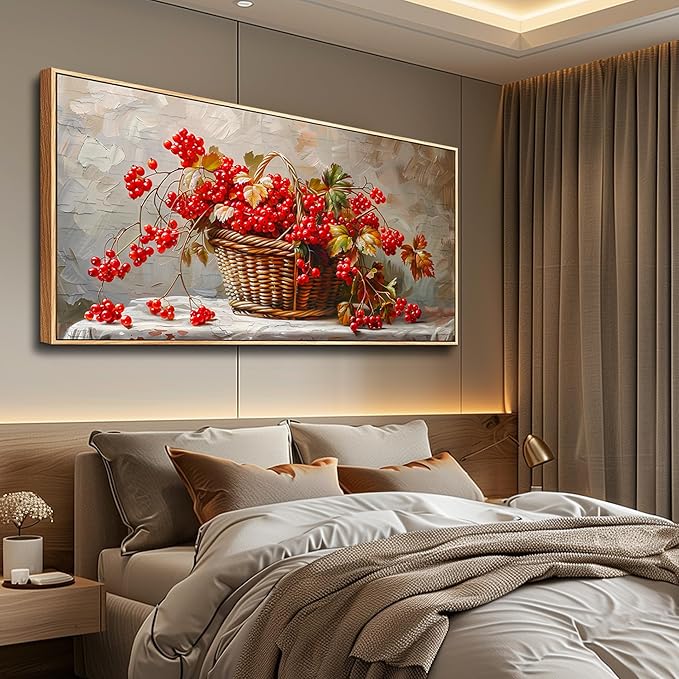 PHAOHUAXM Canvas Wall Art For Living Room Restaurant Wall Decoration For Office Bedroom Bathroom Abstract Red Fruit Mural Wooden Frame Printing Picture Artworks Modern Home Decor Aesthetics 24"X48"