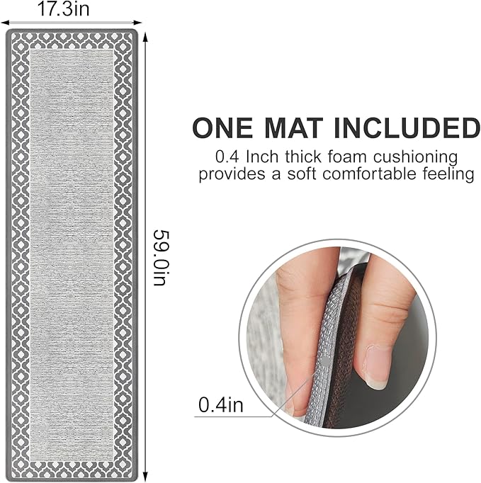 Grey Cushioned Kitchen Mat Anti Fatigue Kitchen Rugs, Heavy Duty Non-Skid, Ergonomic Comfort Foam Kitchen Floor Mat for Home, Office, Sink, Laundry - Gray 17.3"x59"