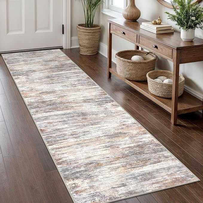 KOZYFLY Modern Abstract Hallway Runner Rug, 2x8 Kitchen Rugs Non-Slip Washable Soft Striped Kitchen Runner Rugs, Print Multi Grey Carpet Runner for Entryway Bathroom Laundry Room Foyer