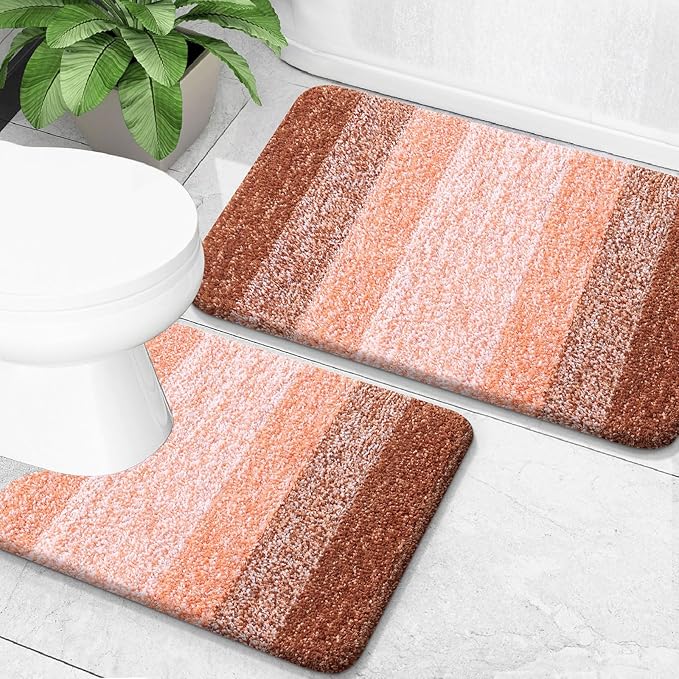 OLANLY Bathroom Rug Set 2 Piece, Soft Absorbent Microfiber Bath Mats and U-Shaped Contour Toilet Rug, Non-Slip, Machine Wash Dry, Plush Shaggy Bath Mats for Bathroom (30"x20"+24"x20", Orange)
