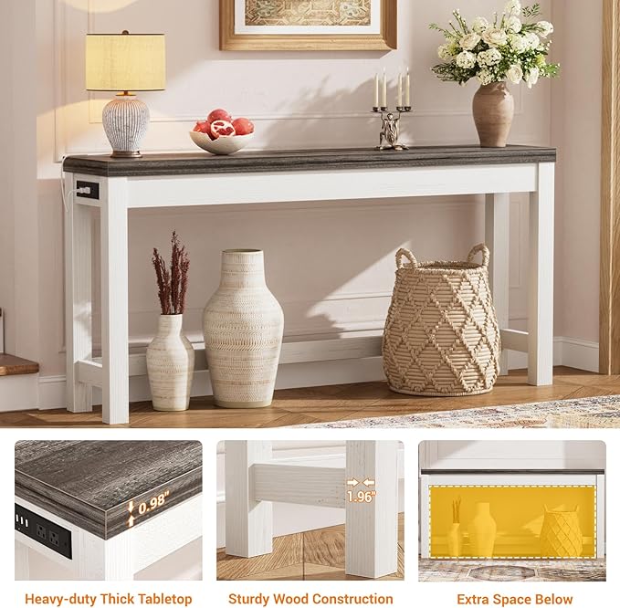 Cyclysio 63" Console Tables for Entryway, Long Console Tables for Living Room, Behind Couch Table, Sturdy Wood Support Farmhouse Entryway Table with 3AC+2USB Charging‌ Station, Oak Grey