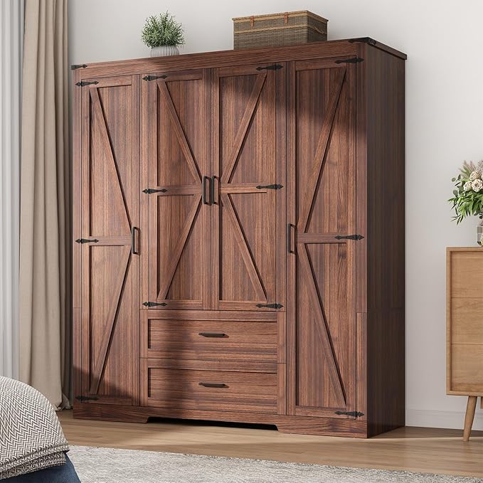 4 Doors Wardrobe Armoire Closet with Doors and Drawers, Farmhouse Wooden Armoire Storage Cabinet with Shelves & Hanging Rod for Bedroom, Brown