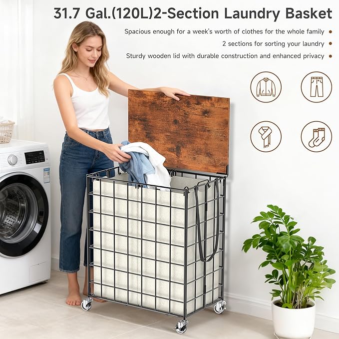 Laundry Basket with Wheels, Heavy Duty Laundry Sorter 2 Sections, Large Capacity Laundry Hamper with Wood Lid, 360 Rolling Wheels, Extra Side Pocket, Leather Pull Handle (Beige)