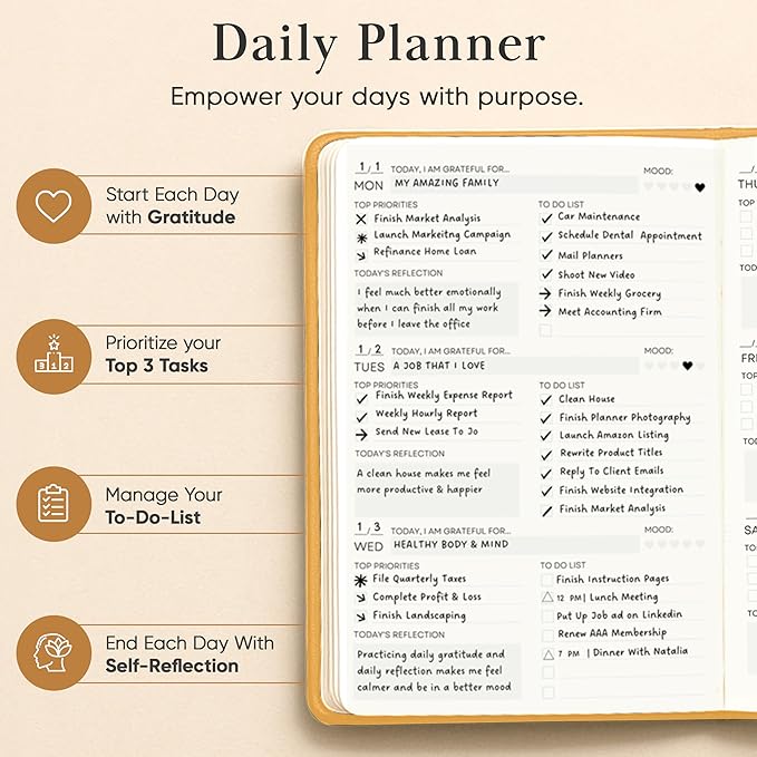 2026 Planner, Daily Journal & Gratitude Journal All-In-One with To Do List, Self Care Prompts & Habit Tracker - 7 x 10 - Orange