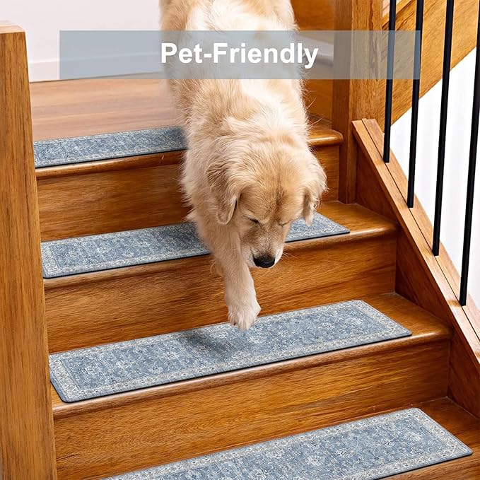 OJIA Non-Slip Stair Treads - 30"x8" Washable Carpet Stair Treads with Slip Resistant Rubber Backing for Kids, Elders and Dogs, 4PCS, Blue