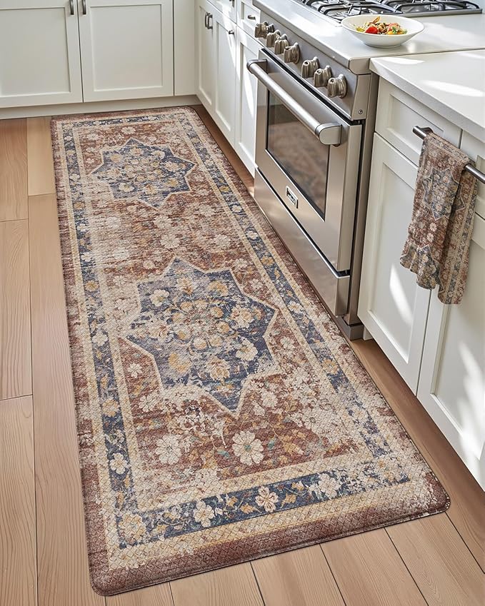 DEXI Kitchen Floor Mats Anti Fatigue, 23x86 Large Long Cushioned Vintage Runner Rug Waterproof, Standing Comfort Memory Foam Padded for Front Sink Laundry Office, Reddish Brown