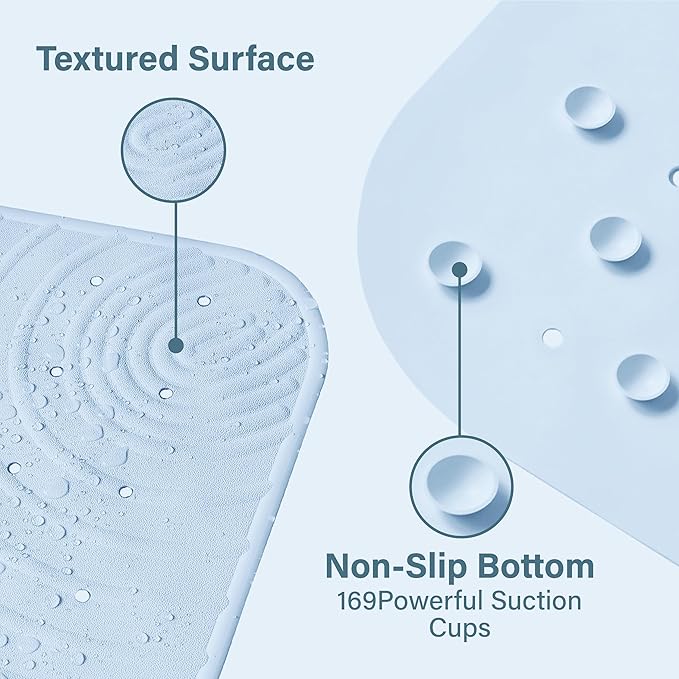 Extra Long Rubber Bathtub Mat, Non-Slip Shower Tub Mat, 39x16 Inch, Bath Tub Floor Mat with Suction Cups and Drainage Holes, Light Blue