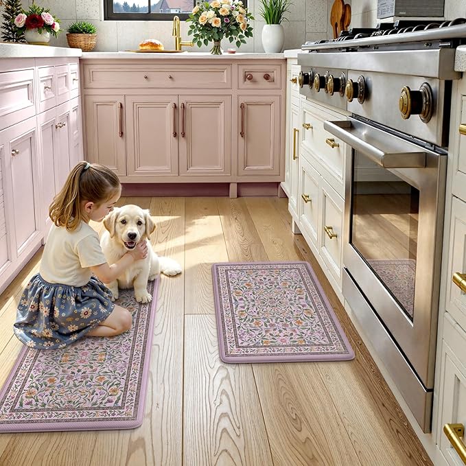 KIMODE Anti Fatigue Kitchen Mats 20"x47"+20"x32", Boho Flora Kitchen Rugs Sets of 2, Cushioned Non Skid Kitchen Mats for Floor, Comfort Kitchen Floor Mats for Sink Laundry Desk Purple
