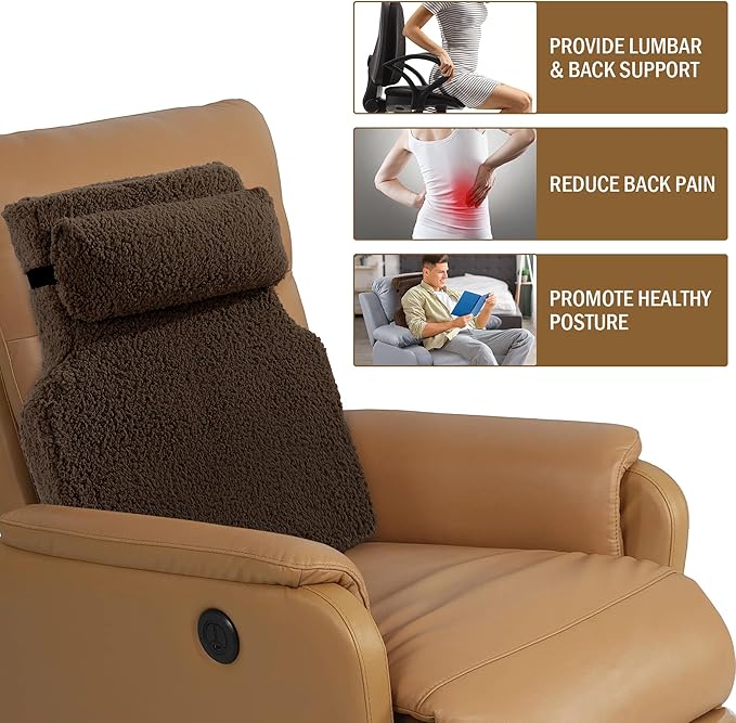 HOMBYS Sherpa Fleece Lumbar Support Pillow with Headrest for Recliner,Memory Foam Recliner Chair Cushion for Back Pain,Big High Back Support for Recliner with Chair Headrest for Elderly (Dark Coffee)