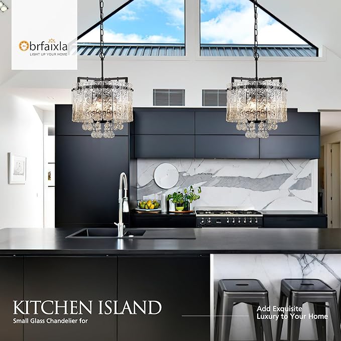 13.4" Small 4-Light Modern Glass Chandelier Light Fixtures Mini Black 2-Tier Crystal Chandeliers for Dining Room Round Hanging Ceiling Pendant Lighting for Kitchen Island Entryway Hallway